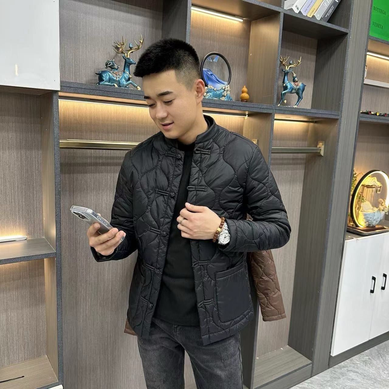 男士棉服外套2023冬季新款中国风盘扣修身立领个性上衣棉服外套男