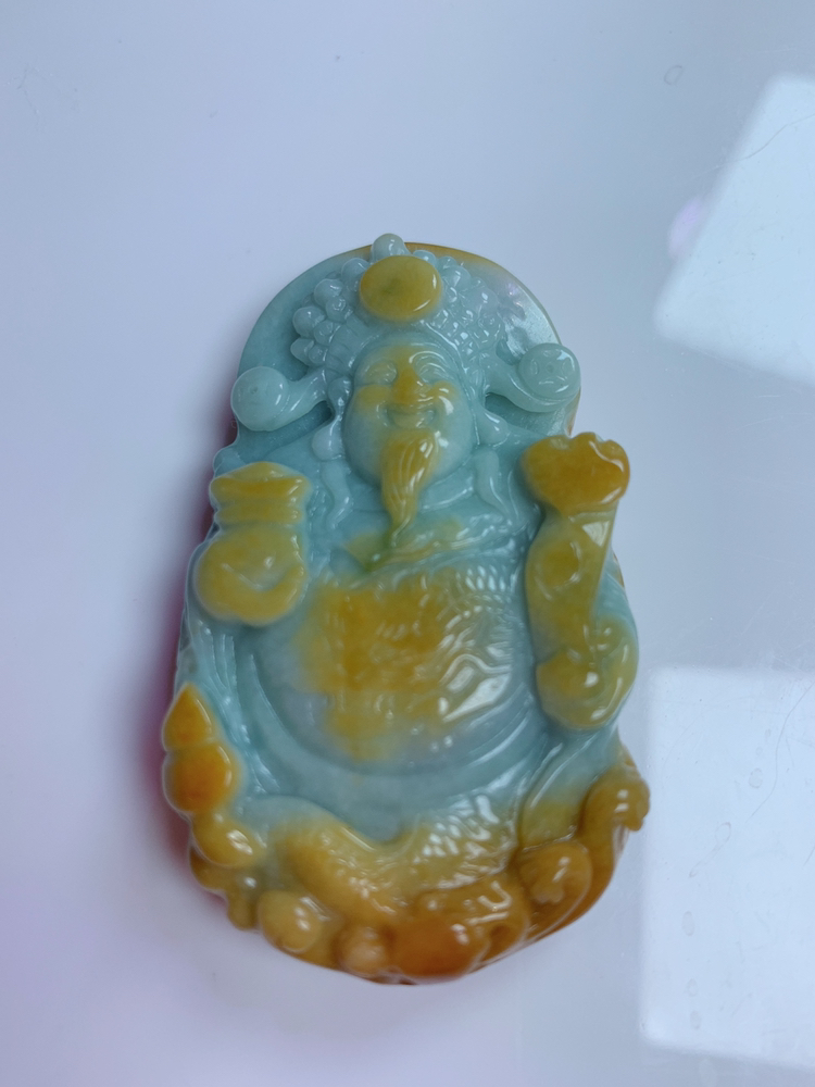 天然翡翠A货双彩财爷吊坠一件