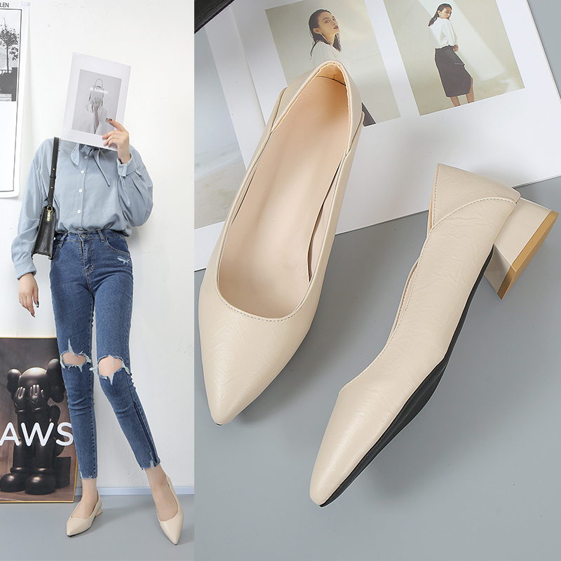 3厘米低跟夏季浅口透气单鞋软皮软底尖头百搭舒适款黑色工作鞋