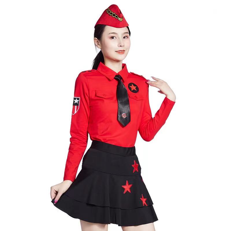 水兵舞服装套装女T恤长袖红色黑色五星翻领广场舞表演军迷户外衣