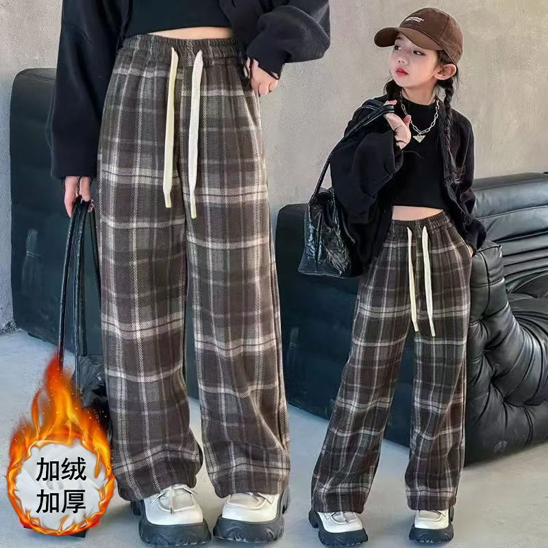 女童加绒秋冬格子2024冬季中大童加厚毛呢休闲潮流女童阔腿裤