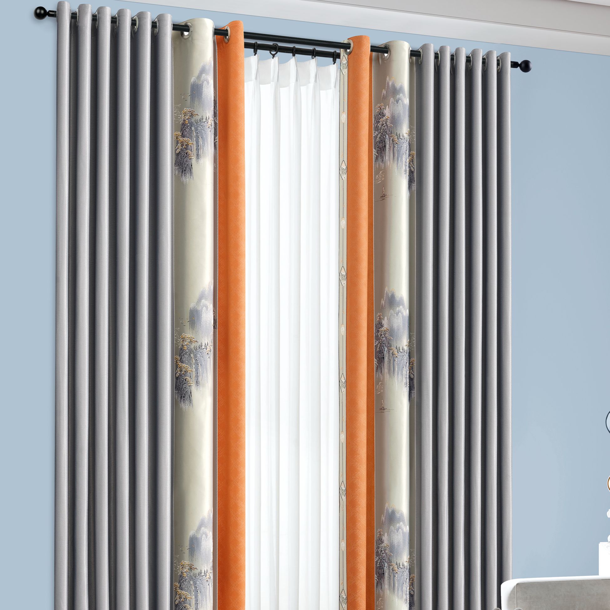 新中式款锦绣山河刺绣加厚高端大气提花遮光窗帘客厅柯桥窗帘