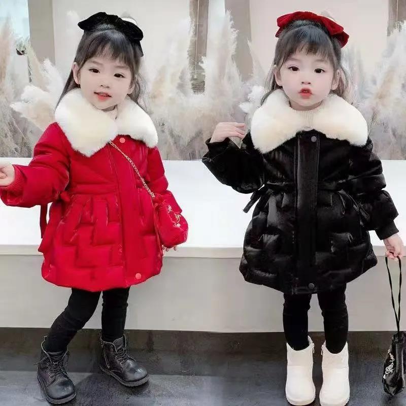 女童棉衣2023新款儿童棉服中长款亮丝加绒加厚派克服棉衣国潮款AC
