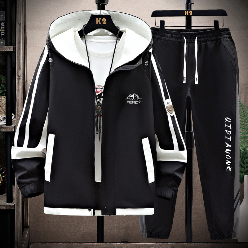 青少年初高中学生中大童男孩春秋新款运动休闲夹克套装连帽外套