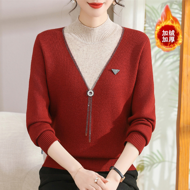 妈妈装秋冬季半高领减龄上衣中老年女时尚洋气小衫加绒保暖打底衫