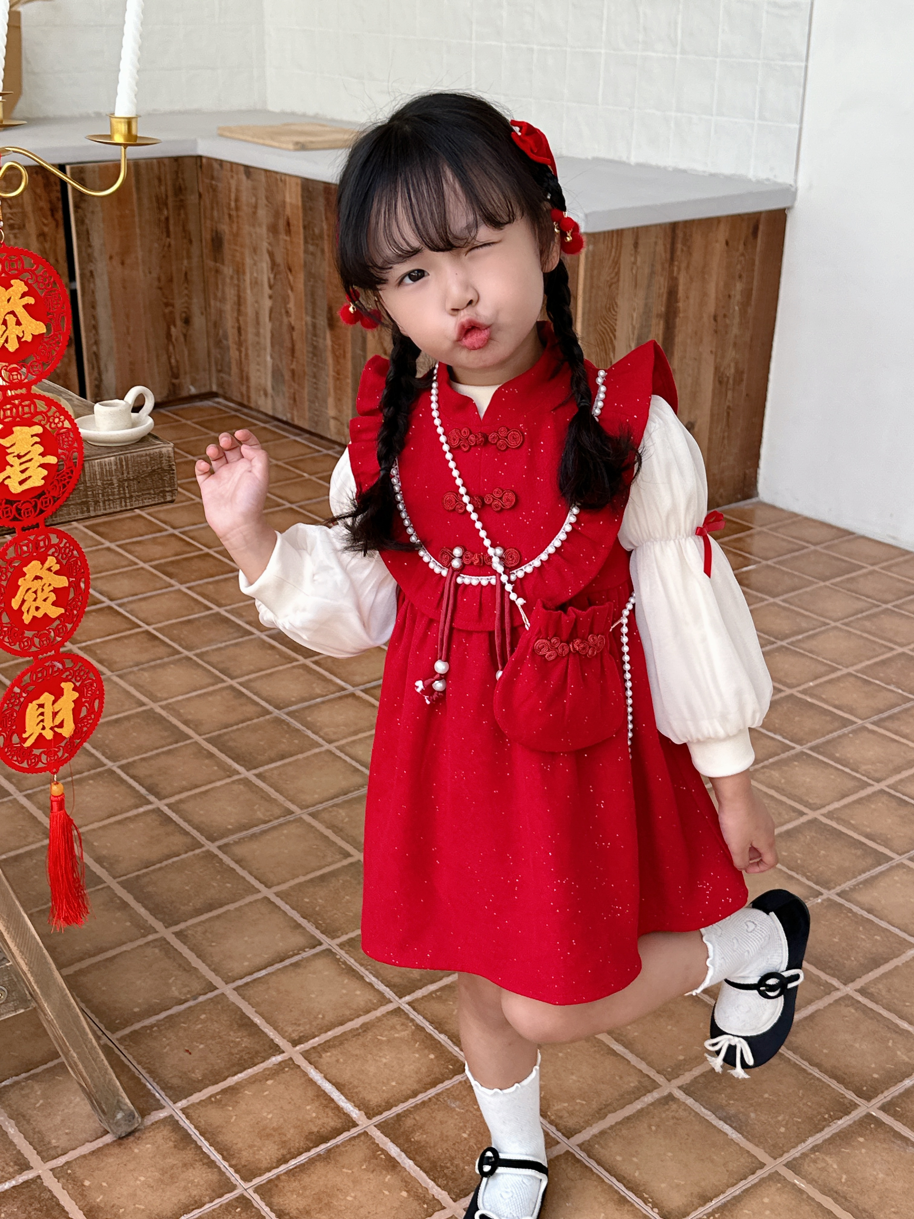 女童秋冬季洋气儿童礼服中国风裙子加绒连衣裙儿童女宝洋气公主裙