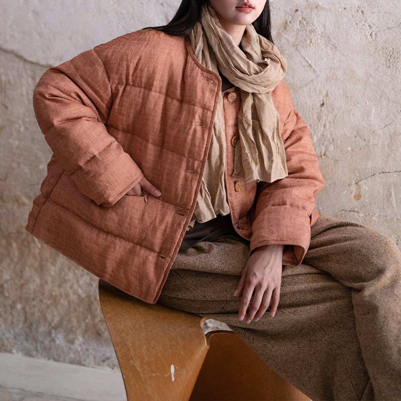 言作冬新品95白鸭绒手工炒色苎麻天丝轻便保暖羽绒服女 喜乐安宁