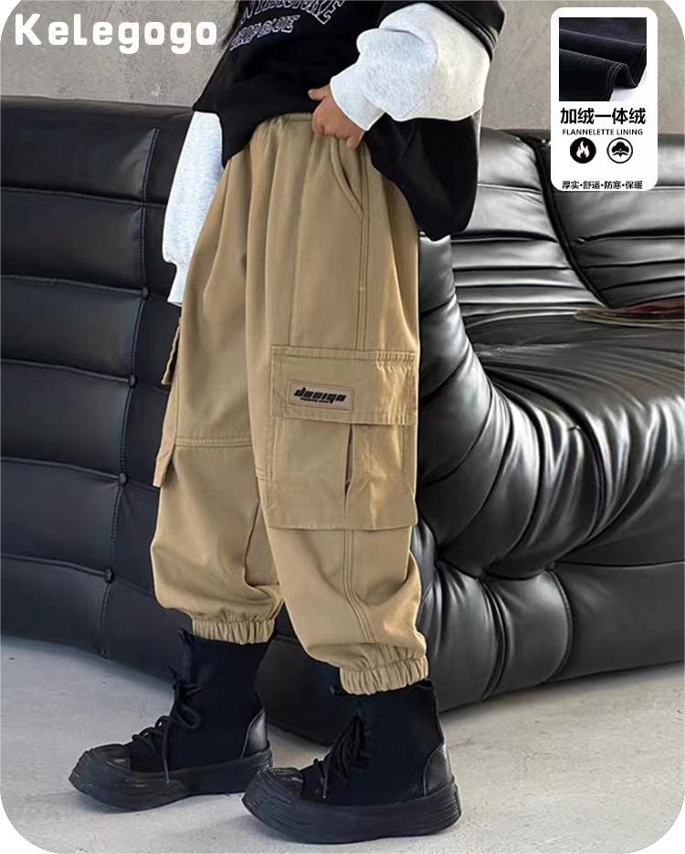 男童工装裤秋冬款2024新款秋冬季加绒长裤中大童一体绒裤子儿童潮