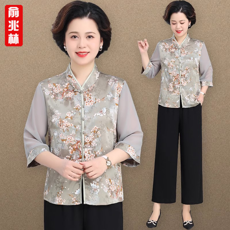 俞兆林母亲节中国风妈妈装夏装套装新中式时尚雪纺衫中老年两件套