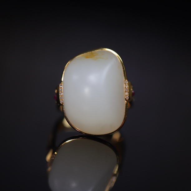 新疆和田玉18K金设计款戒指复古气质镶嵌时尚设计师轻奢女款