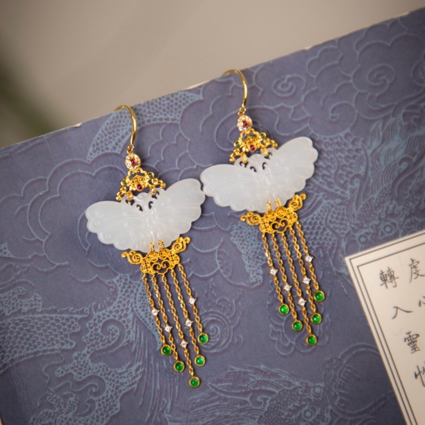 新疆和田玉18K金蝴蝶流苏耳坠耳环宫廷风大气