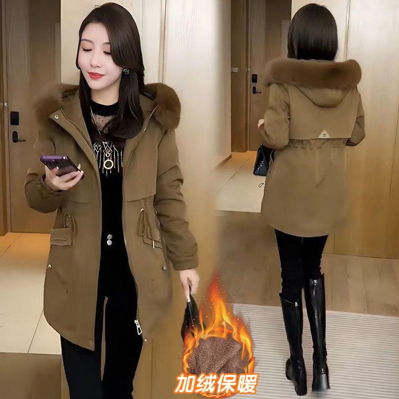 加绒加厚连帽派克外套女2025年冬季新款小个子毛领保暖中长款棉服