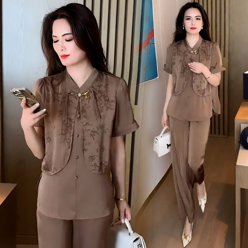 新中式休闲气质套装女2024年夏季新款显瘦洋气衬衫阔腿裤两件套潮