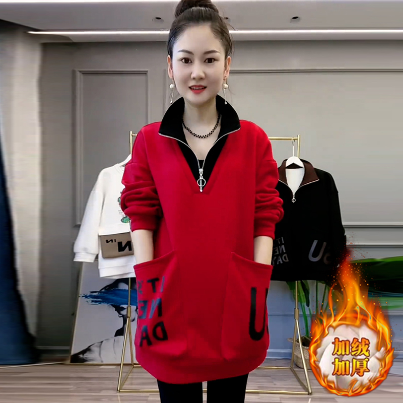 高含棉加绒加厚双口袋中长款卫衣女2025年冬季新款小个子洋气上衣
