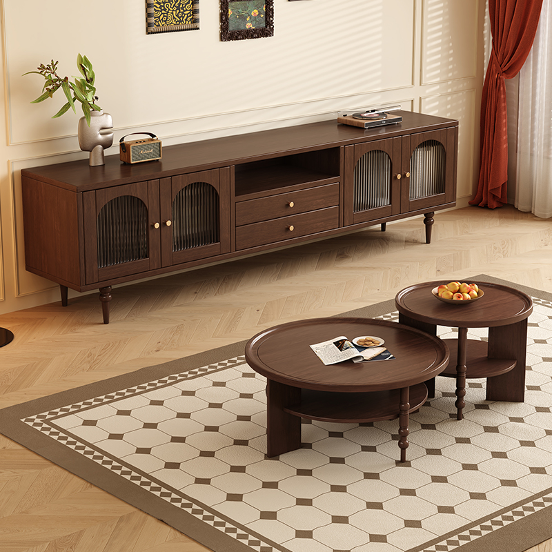 泉野实木电视柜法式客厅茶几作何胡桃木色高档中古风家用电视机柜