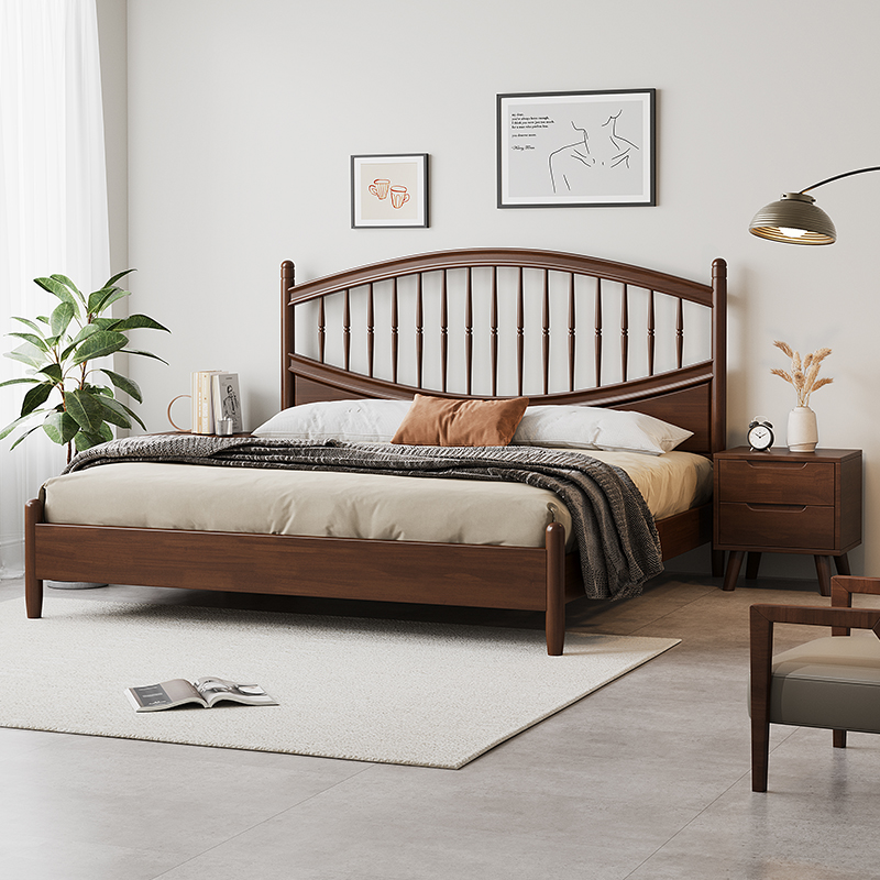 泉野实木床胡桃色1.8米双人法式1.5m复古北欧风格加高公主床