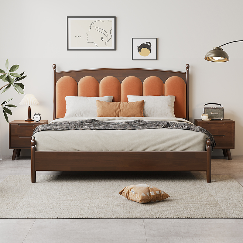 泉野北欧实木床复古风双人1.5米1.8软双人床靠床胡桃色主卧婚床