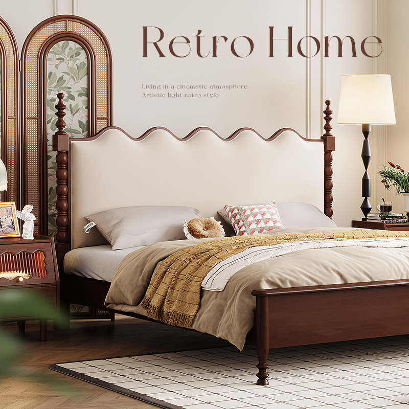 泉野实木床1.8米1.5米大床双人床法式胡桃色中古风中古风床床头