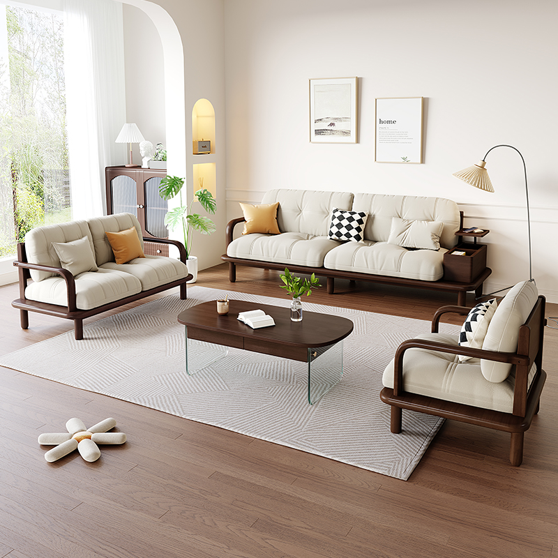 泉野北欧胡桃色全实木沙发组合小户型客厅带储物复古风格沙发现代