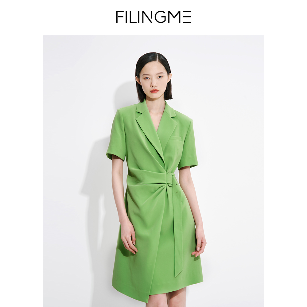 FILINGME 菲埃琳 通勤醋酸气质收腰短袖西装连衣裙 F23CL292    
