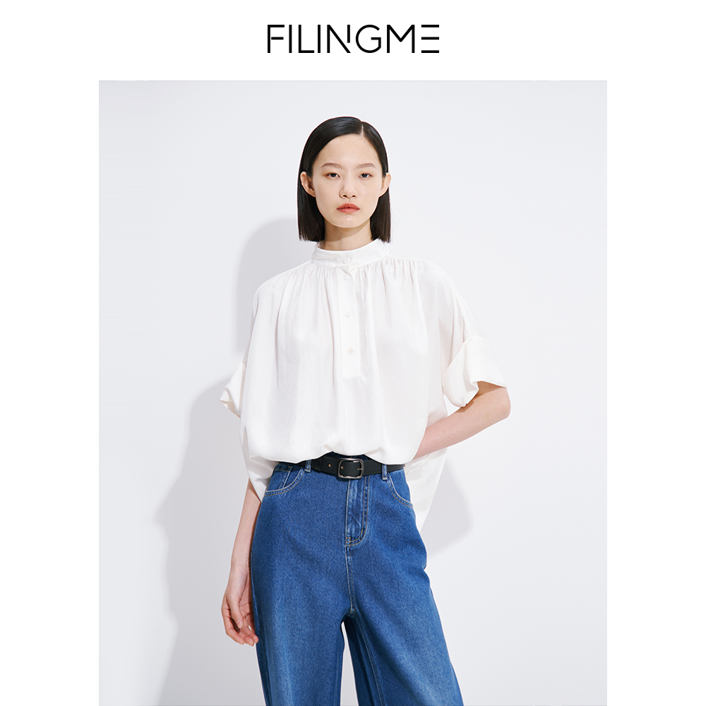 FILINGME 菲埃琳 蝙蝠袖圆领宽松褶皱上衣F23XS303