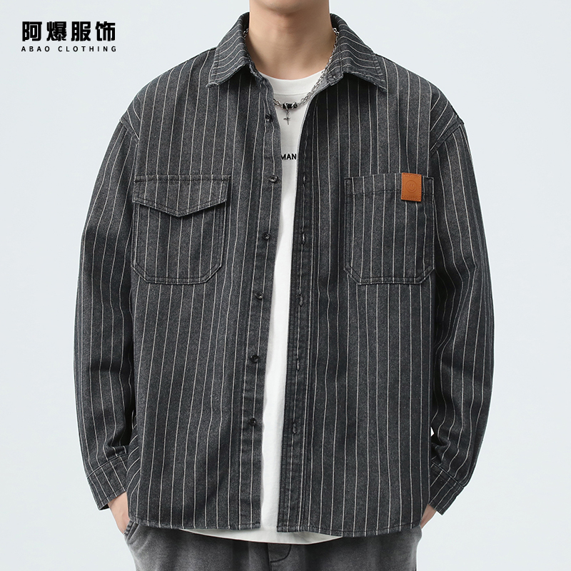 【阿爆服饰】美式复古做旧条纹休闲衬衫男秋季痞帅宽松工装衬衣外套
