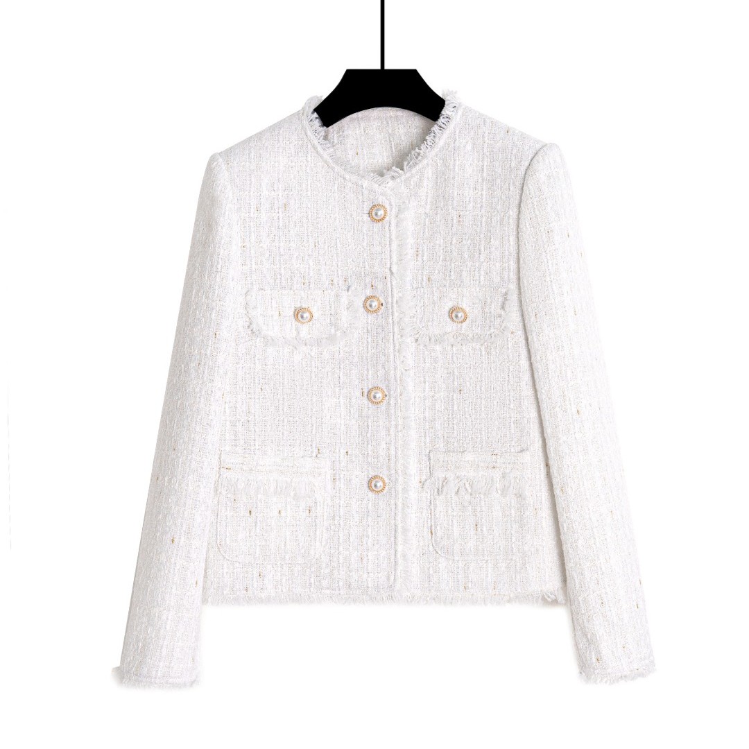 【雾岛极光】2024春季新款白色小香风短款气质粗花呢减龄上衣