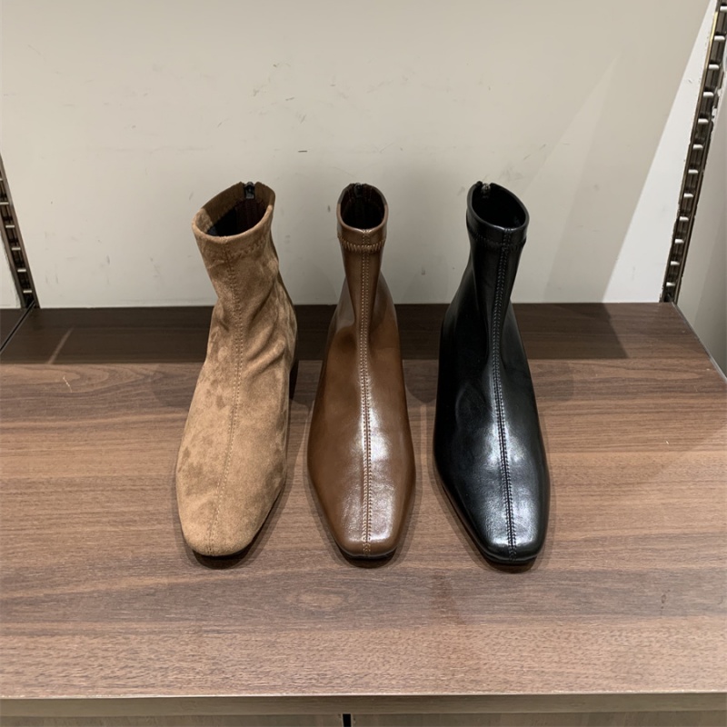 法式内增高方头短靴女瘦瘦靴秋冬显瘦切尔西靴马丁靴