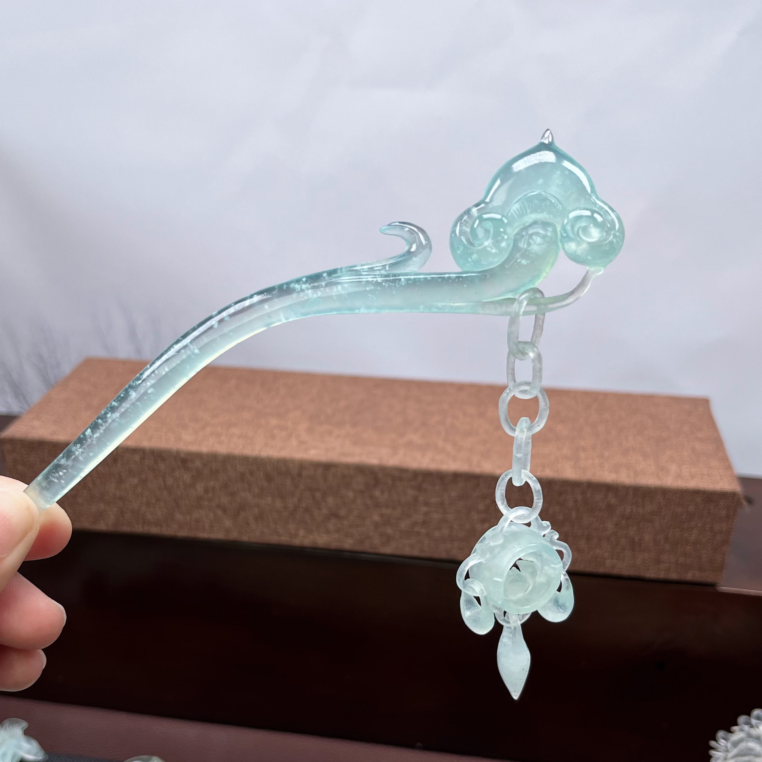 岫玉高品质天青冻如意发簪整体长度15.5cm簪体入发长度12.5cm发饰