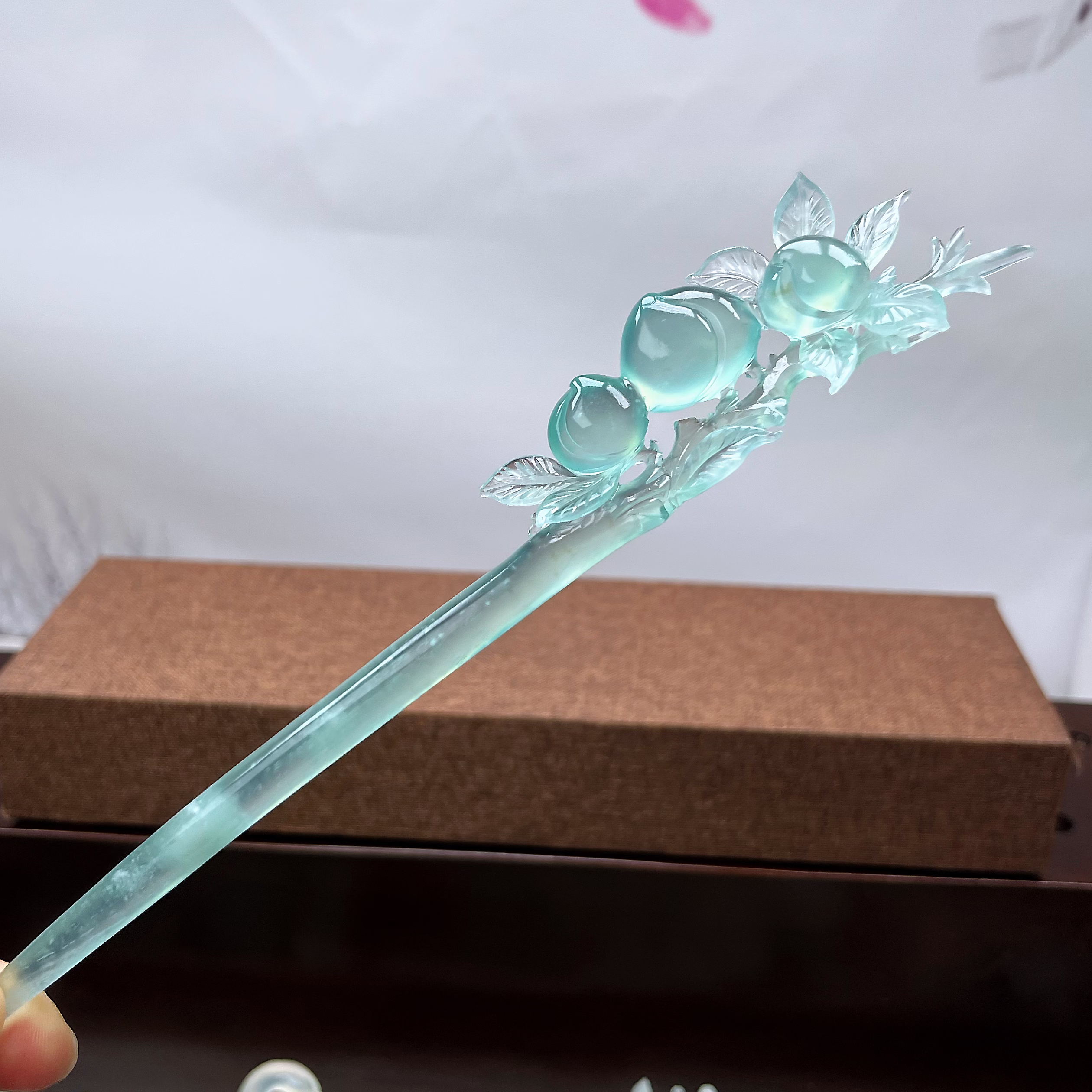 岫玉高品质天青冻桃子发簪   整体长度21.5cm  簪体入发长度13cm