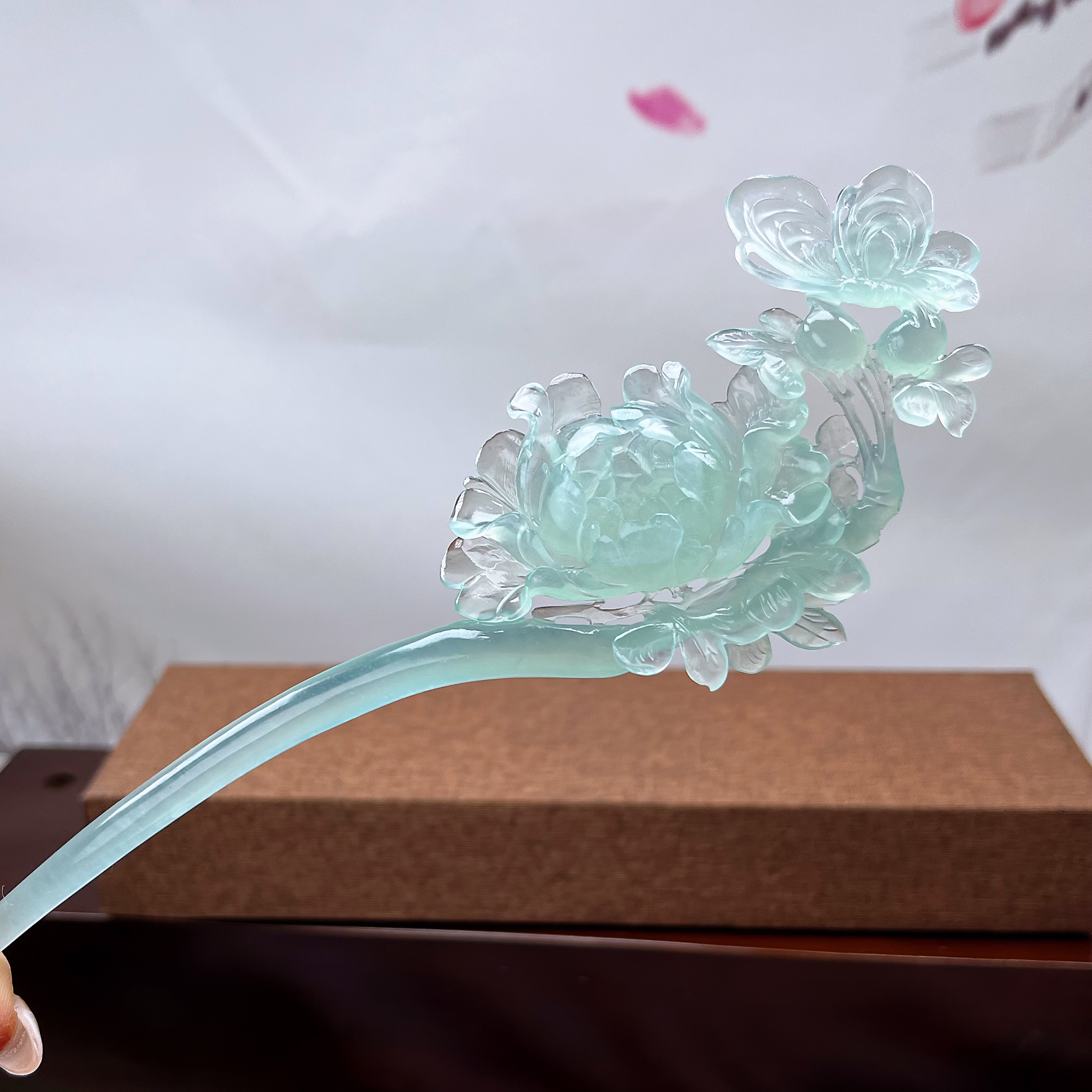 岫玉高品质天青冻牡丹发簪  整体长度20.5cm  簪体入发长度11.5cm