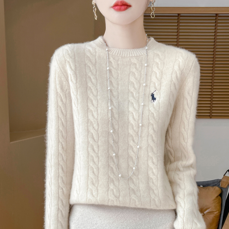 100%羊毛衫女圆领套头宽松针织打底秋冬新款纯色长袖洋气休闲上衣