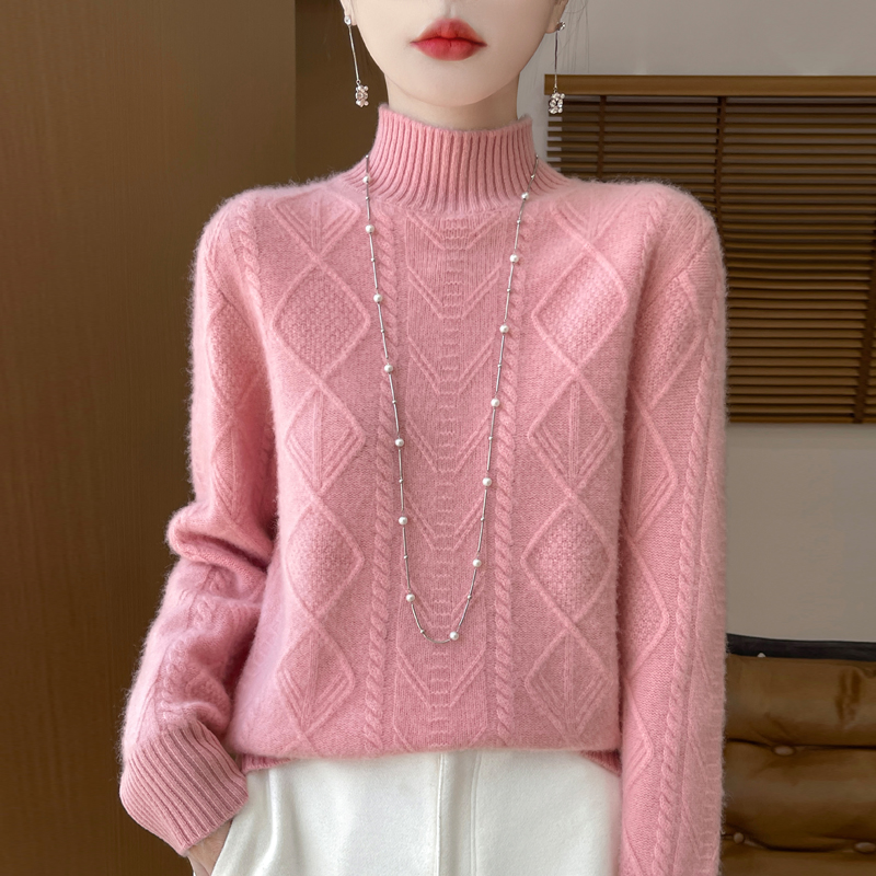 加厚菱形100%纯羊毛衫女半高领套头宽松毛衣秋冬新款纯色针织上衣
