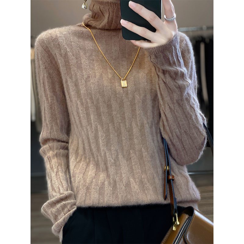 羊毛衫女高领100%纯羊毛秋冬堆堆领套头宽松纯色针织打底毛衣大码