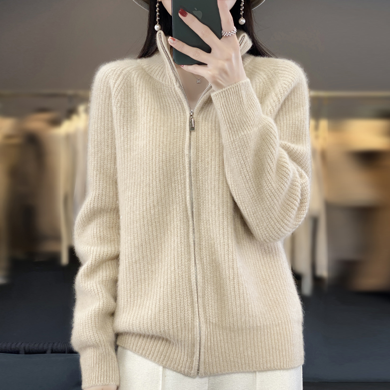 100%纯羊毛针织开衫女立领宽松时尚休闲外套秋冬新款纯色长袖毛衣