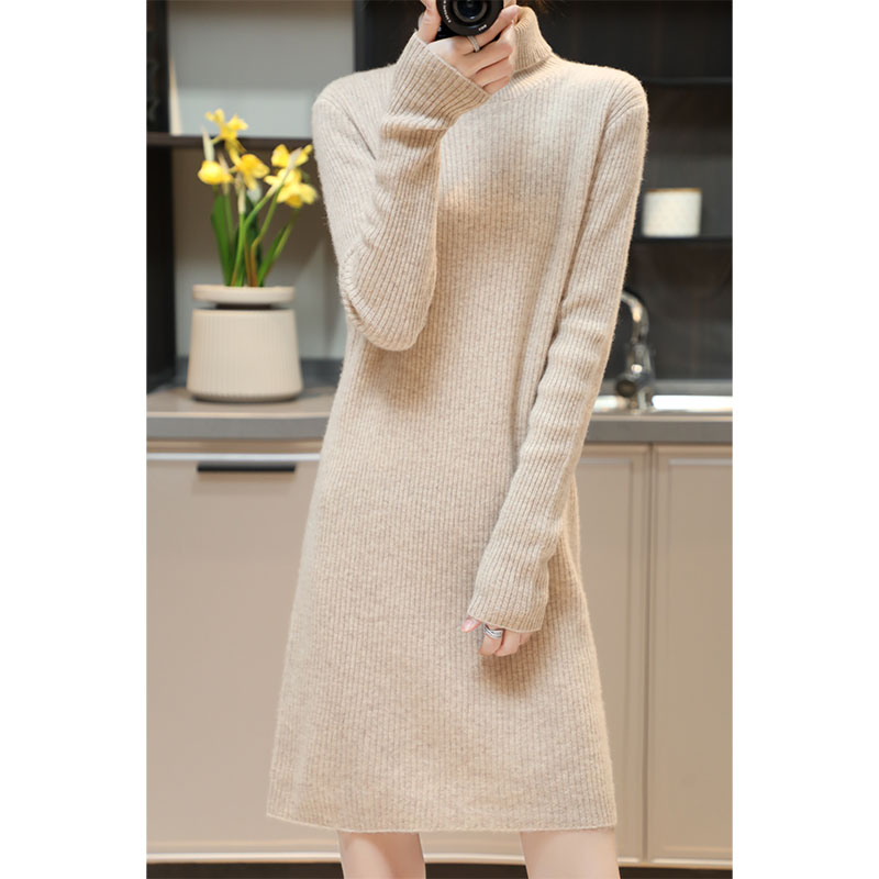 女高领针织连衣裙100%纯羊毛纯色套头宽松中长款羊绒打底直筒裙