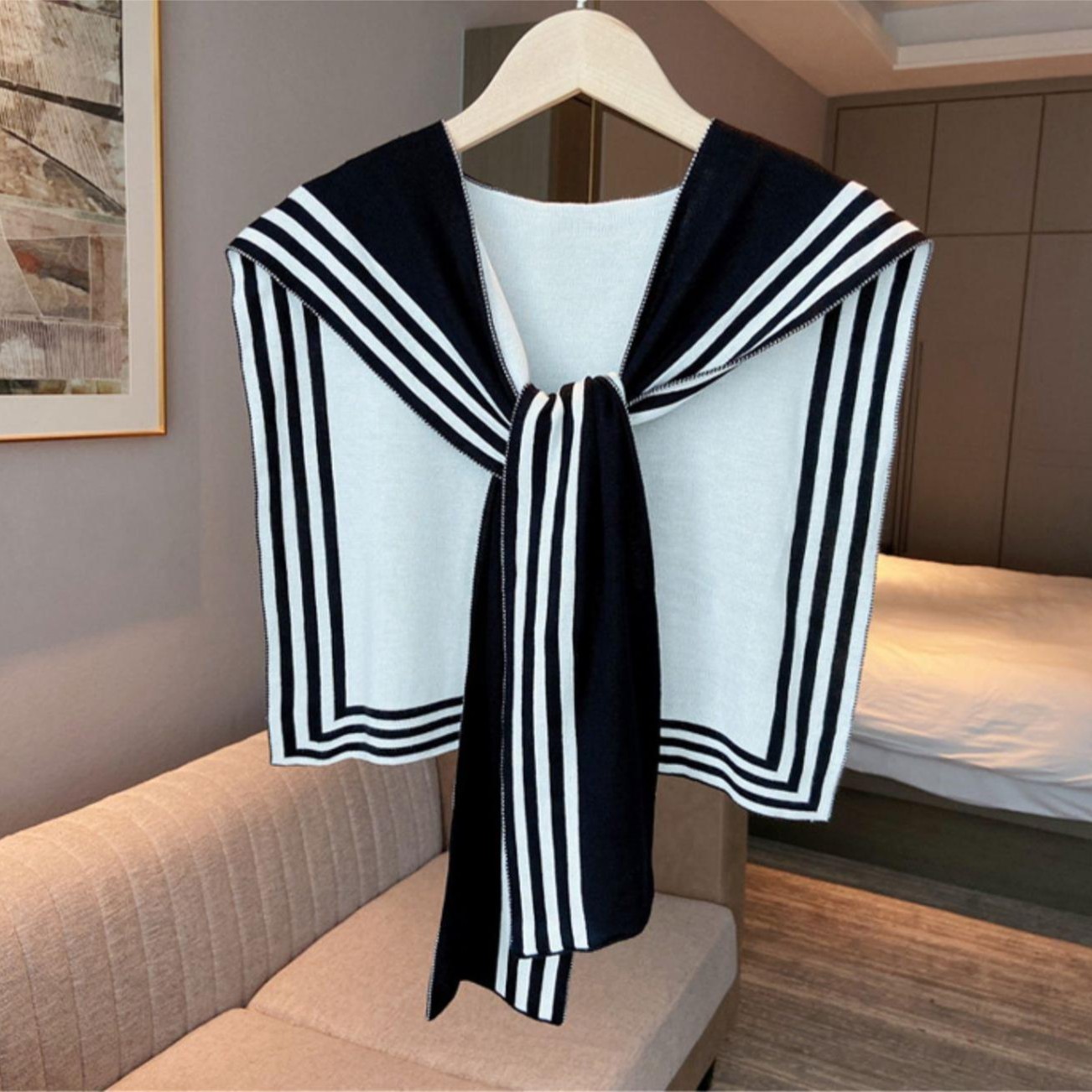 网红小披肩女黑白条纹外搭衬衫春秋针织假领子空调房保暖搭肩春夏