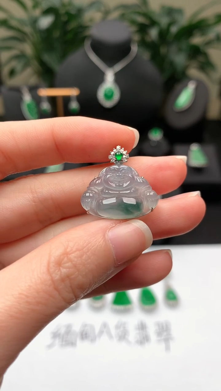 【闪购商品】翡翠颈饰18K金镶嵌飘花佛公