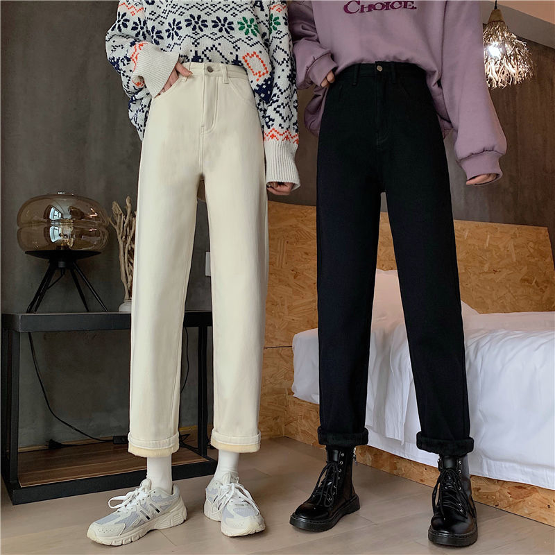高腰黑色加绒牛仔裤女显瘦直筒烟管裤2022秋冬小个子大码胖MM裤子