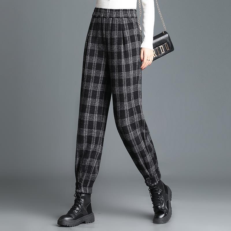 毛呢哈伦裤女萝卜裤秋冬2023新款高腰宽松显瘦加厚格子束脚休闲裤