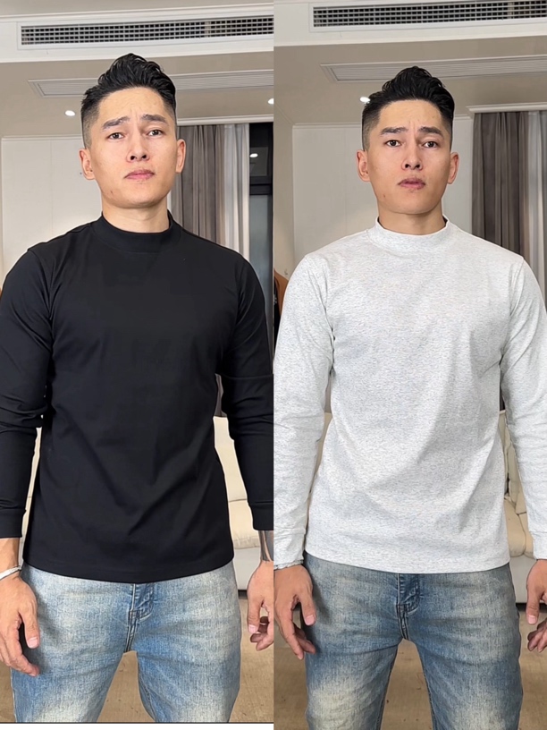 重磅修身半高领长袖T恤黑白灰高克重纯棉体恤