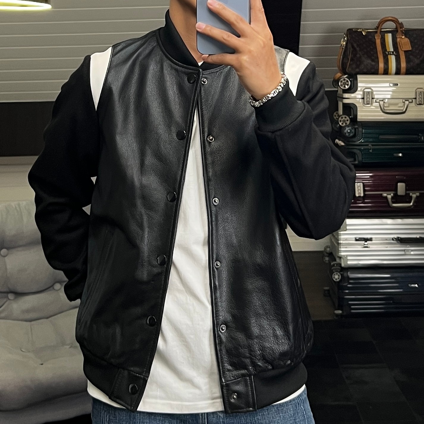 tbtm断码清仓男士皮衣高品质羊毛拼接小牛皮皮衣夹克棒球服外