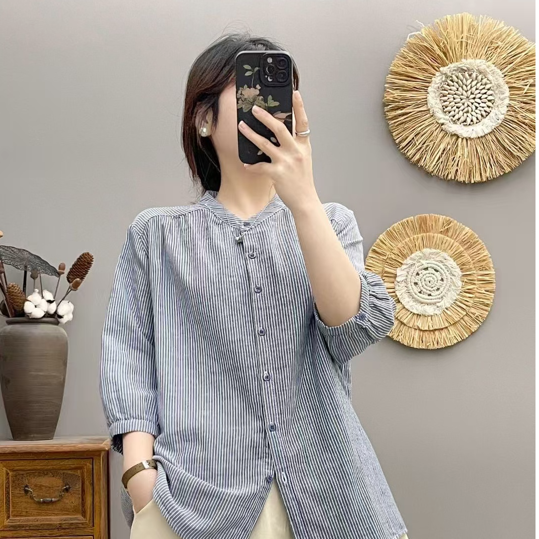 衬衫初秋长袖上衣衬衣时尚休闲百搭夏季宽松条纹中袖