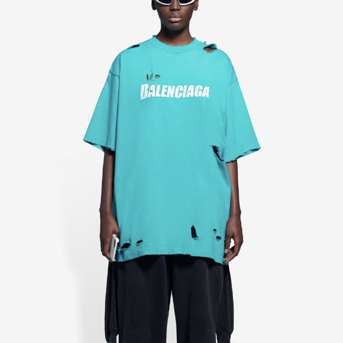99新 Balenciaga/巴黎世家 7442湖水绿破洞S码短袖/98新