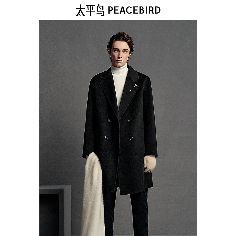 【商场同款】太平鸟男装大衣冬季黑色绵羊毛中长款B1AAE4B02