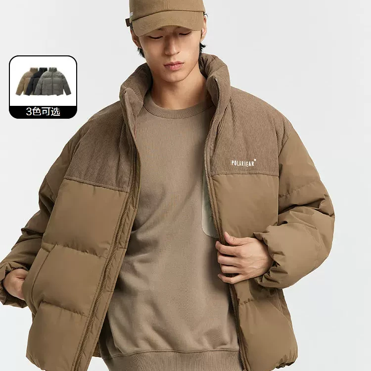 【流光风】太平鸟男装时尚宽松加厚灯芯绒拼接面包羽绒服BBACE4103