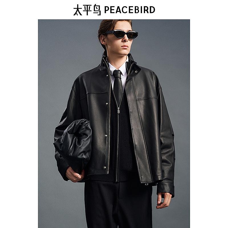 【真皮皮衣】太平鸟男装立领机车皮夹克春拼接外套B1BDE4F04
