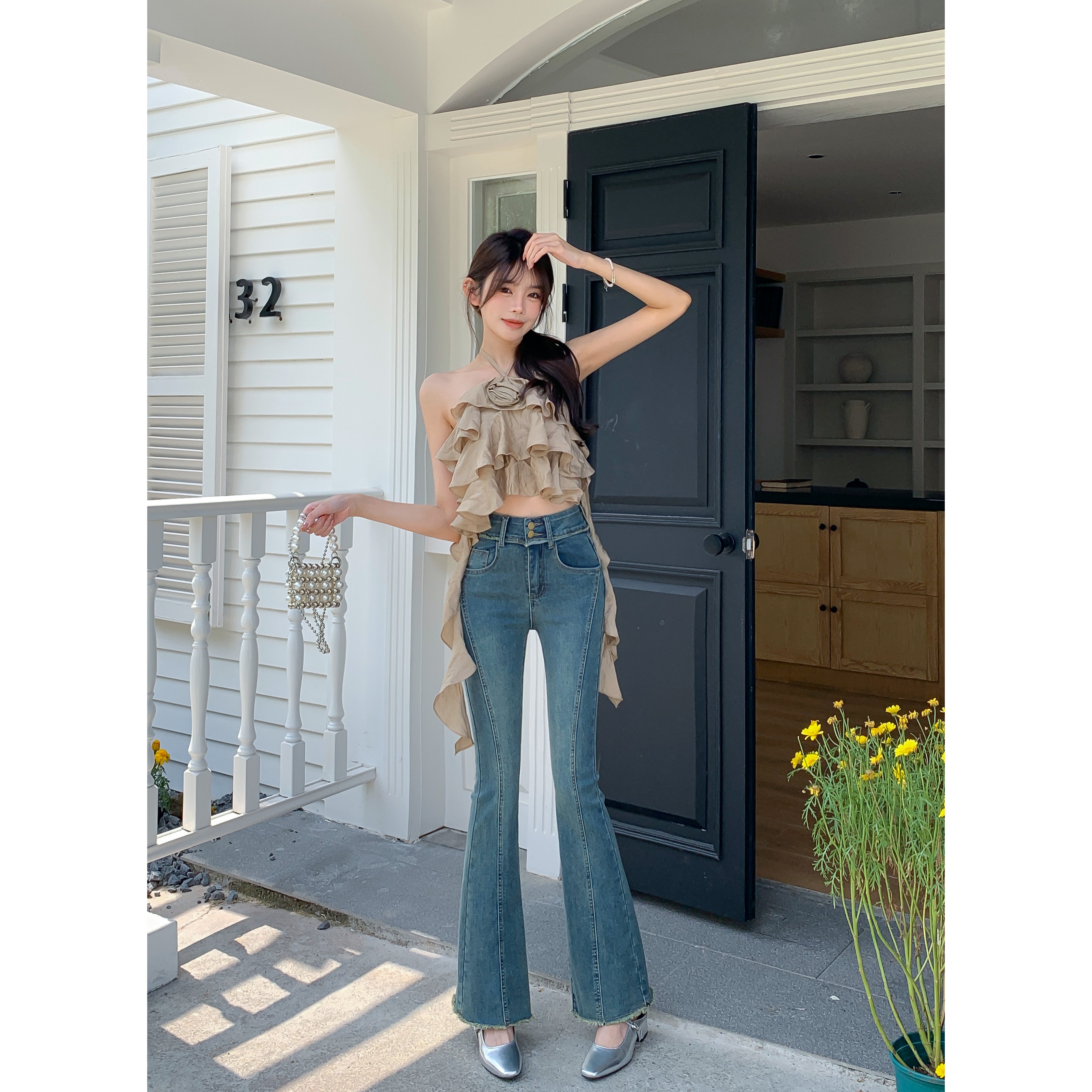 牛仔裤女爆款2024新款高腰高弹微喇裤显瘦显高九分裤女修身百搭款