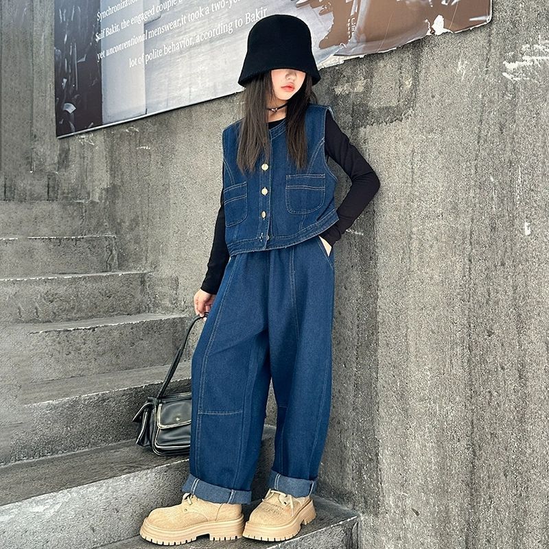 女童牛仔马甲套装秋装2025新款儿童秋季洋气潮酷三件套大童装女孩