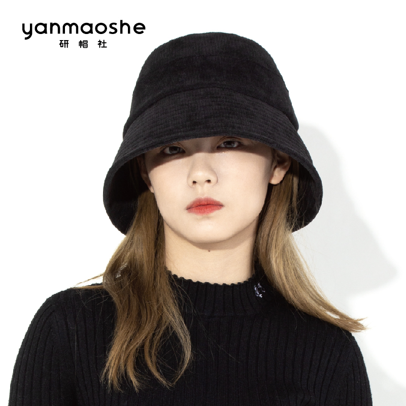 研帽社 秋冬显脸小渔夫帽女YF072黑色平顶水桶帽男大头围小号帽子